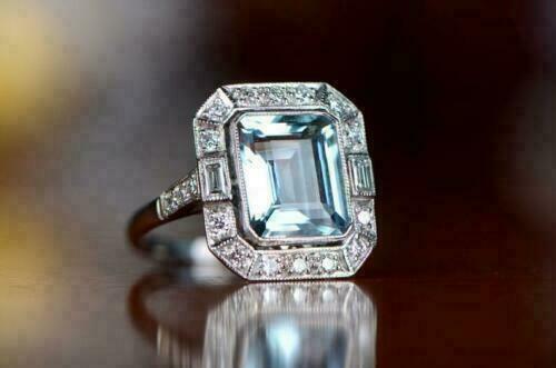 Emerald Cut Aquamarine and Diamond Halo Platinum Ring | Art Deco Style –  Lancastrian Jewellers